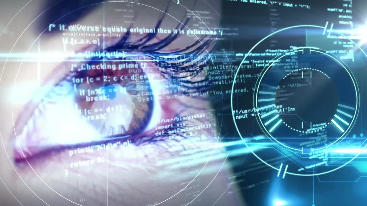 Animation of digital interface and clock over woman's eyes