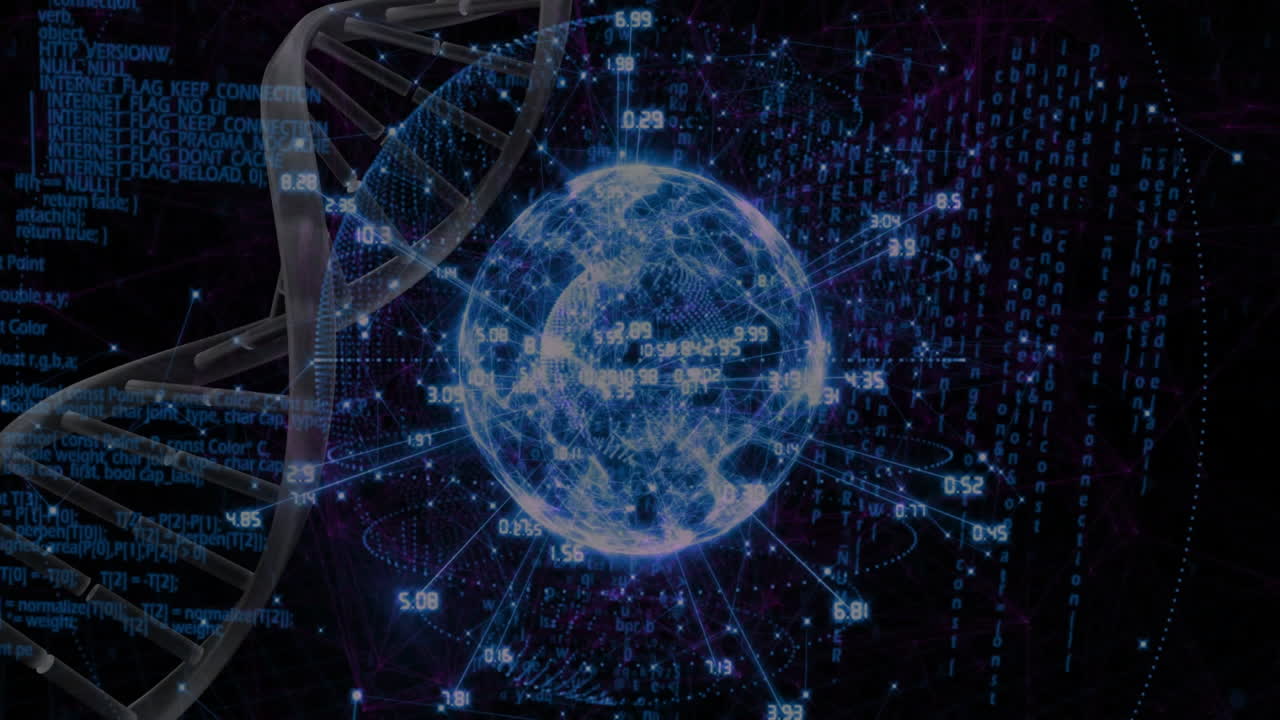 DNA strand processing scientific data with binary coding animation in school setting