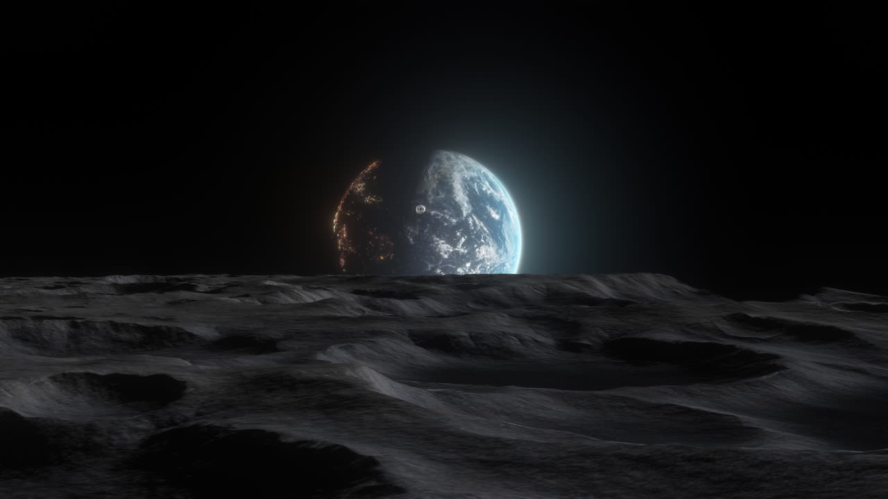 Navicella spaziale Orion in sorvolo lunare sopra i crateri della Luna, di ritorno verso il pianeta Terra che sorge. Perfetto per documentari riguardanti le missioni Artemis e il futuro dell'esplorazione spaziale profonda.