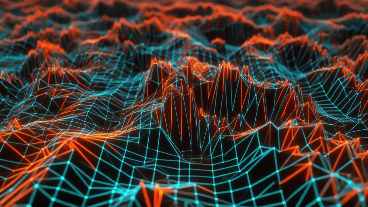 Abstract Digital Terrain with Glowing Orange and Blue Wireframe Mesh