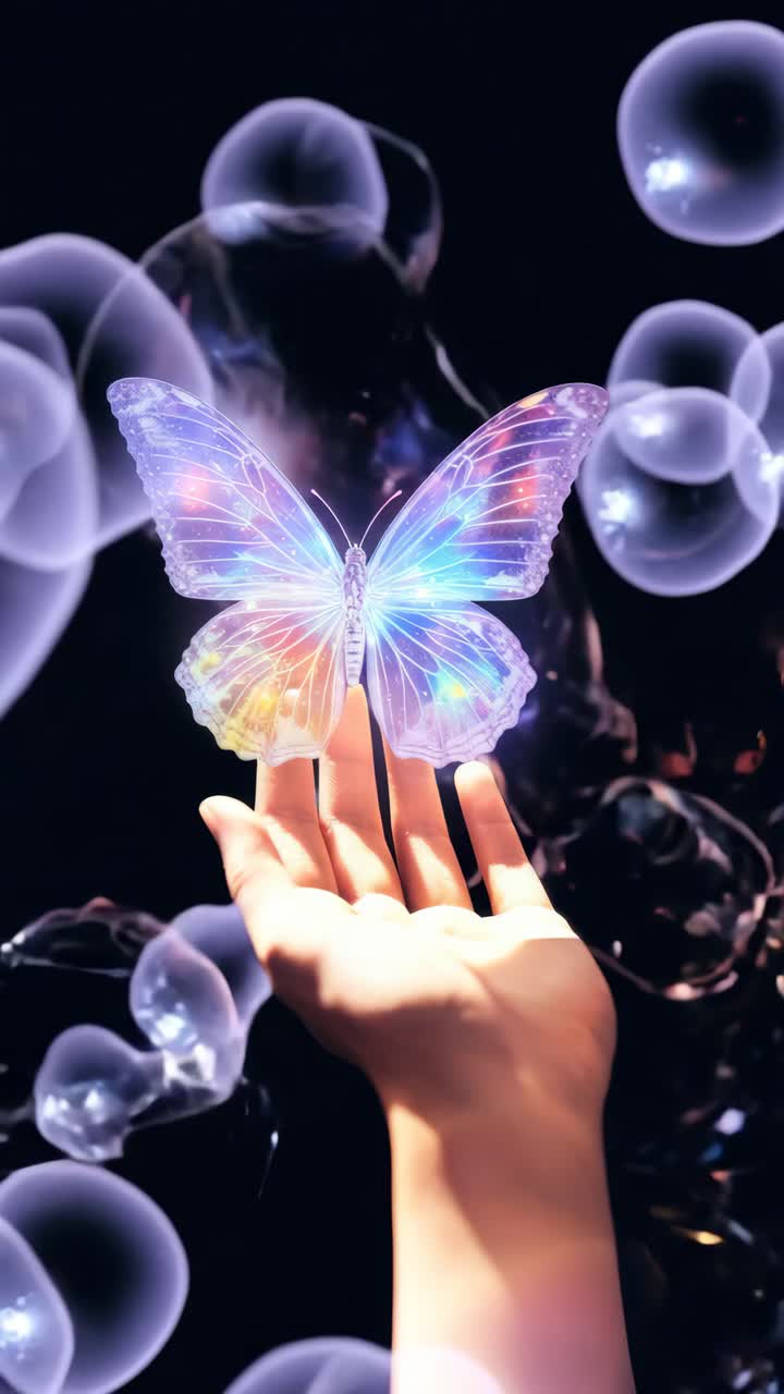 Una mano si protende verso una farfalla luminosa in un'ambientazione scura. Il video cattura questo momento magico.