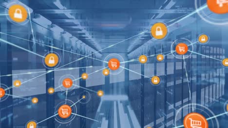 Animation-of-network-of-shopping-cart-and-padlock-icons-and-data-processing-over-server-room