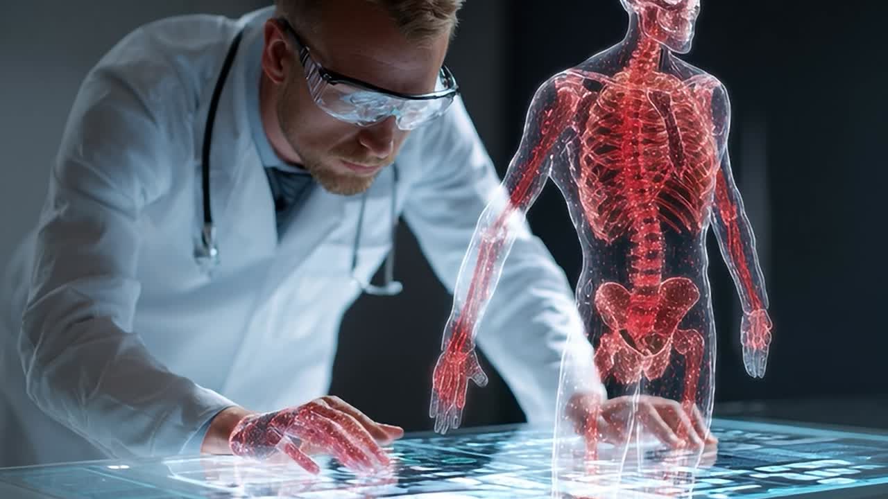 Medico innovativo che utilizza la realtà aumentata per studiare l'anatomia umana