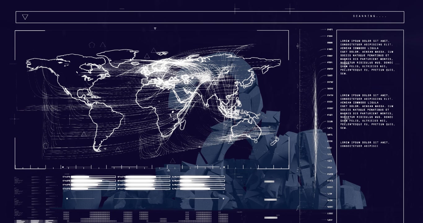 Animation of illuminated digital map, sound bar, data over question mark structure