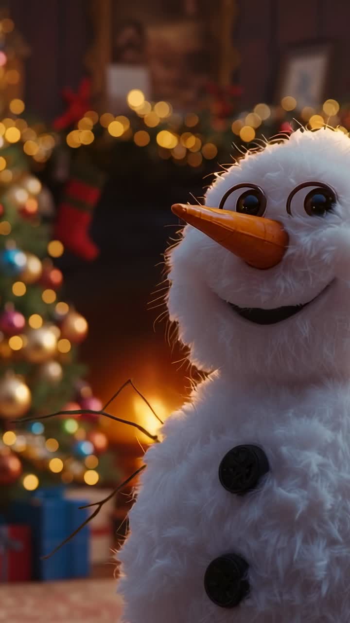 Vertical video: Twinkling tree ornaments, pulsing garland illuminating snowman at fireplace at home