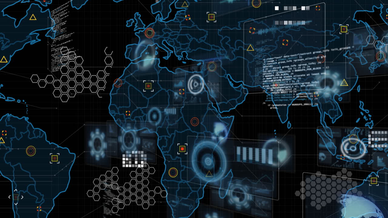 Animation of data processing and world map on black background