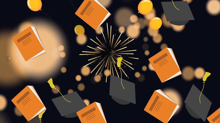 Animazione di toques da laurea e libri su fuochi d'artificio e punti luce, su sfondo nero.