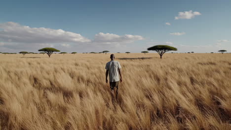 man walking through a golden savanna