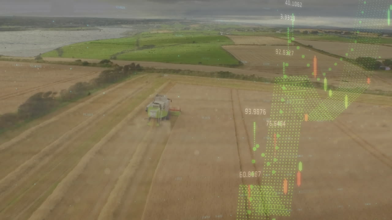 animación de gráficos con números sobre vista aérea de tractor en el campo contra el cielo