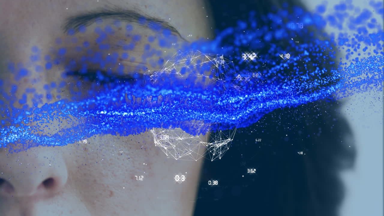 백인 여성의 눈 위에 있는 빛의 반점과 지구의 애니메이션