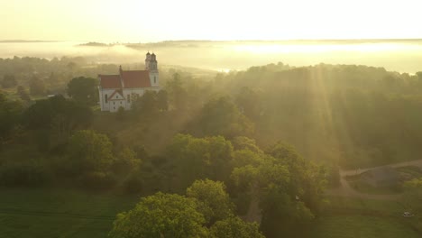 Foggy-morning,-summer-landscape-in-Lithuania-countryside