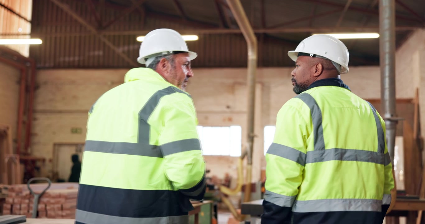 Two Construction Managers Discussing Project Progress in a Workshop