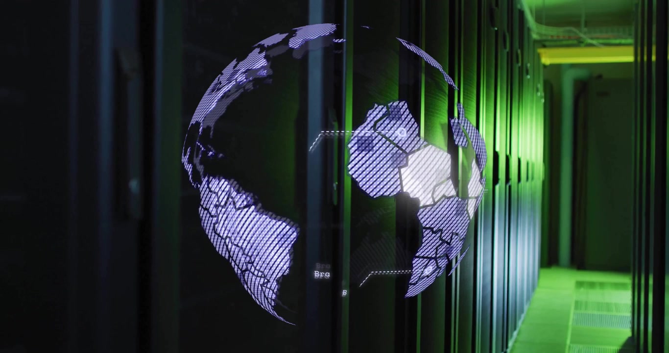 Holographic Earth Globe Rotating in a Modern Data Center Server Room