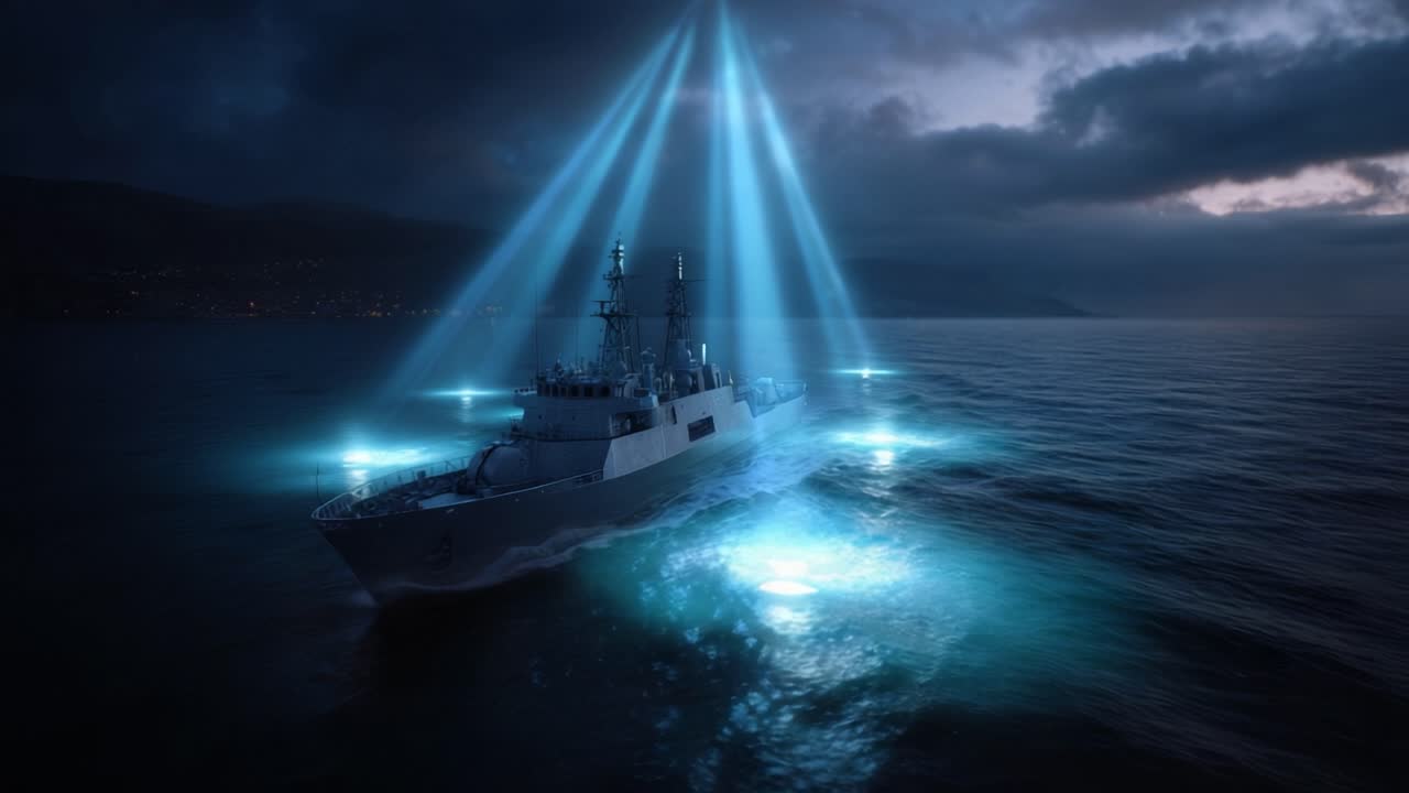 Una nave militare naviga di notte, potenti riflettori squarciano le nuvole scure. Raggi blu tagliano la nebbia, illuminando il mare sottostante. La nave avanza stabilmente, creando increspature nelle acque calme.