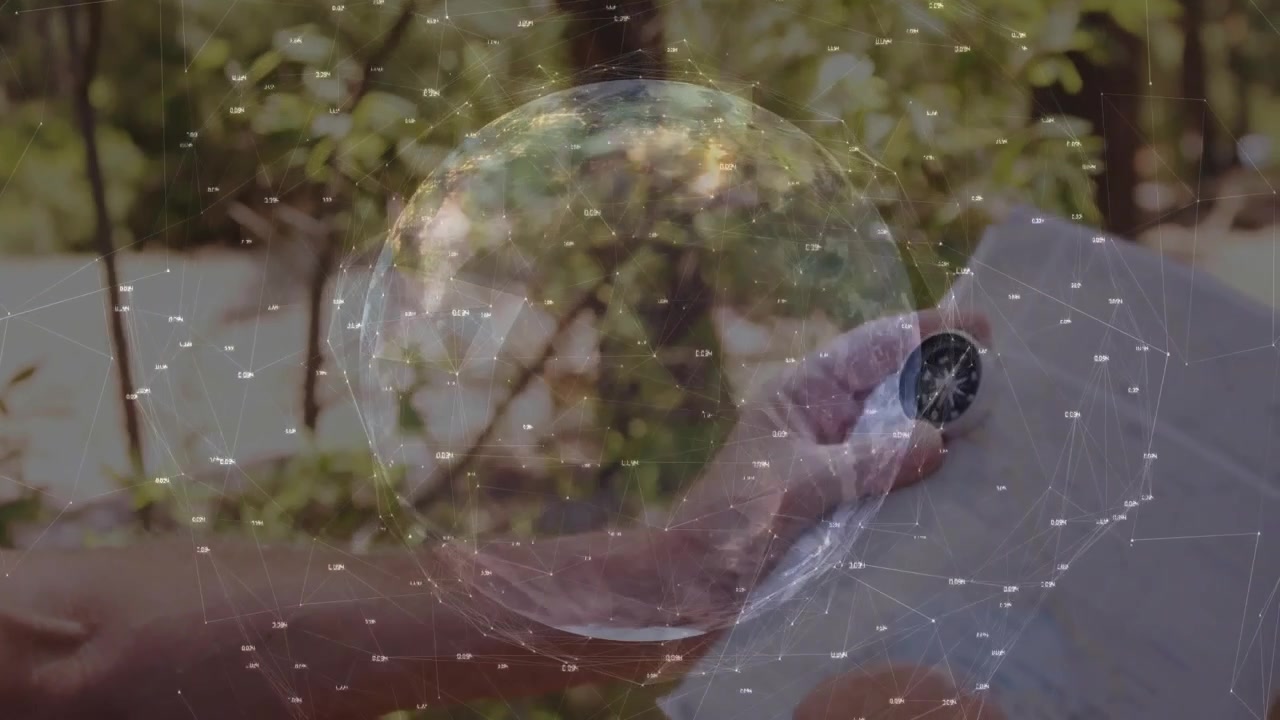 Su un mappamondo con nodi di rete che appaiono, un uomo prende una bussola, allineando l'ago su una mappa per la navigazione.