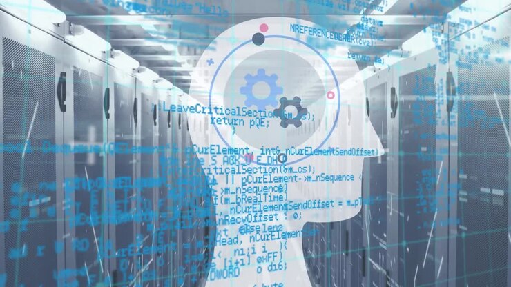Animation of head with cogs and data processing over server room