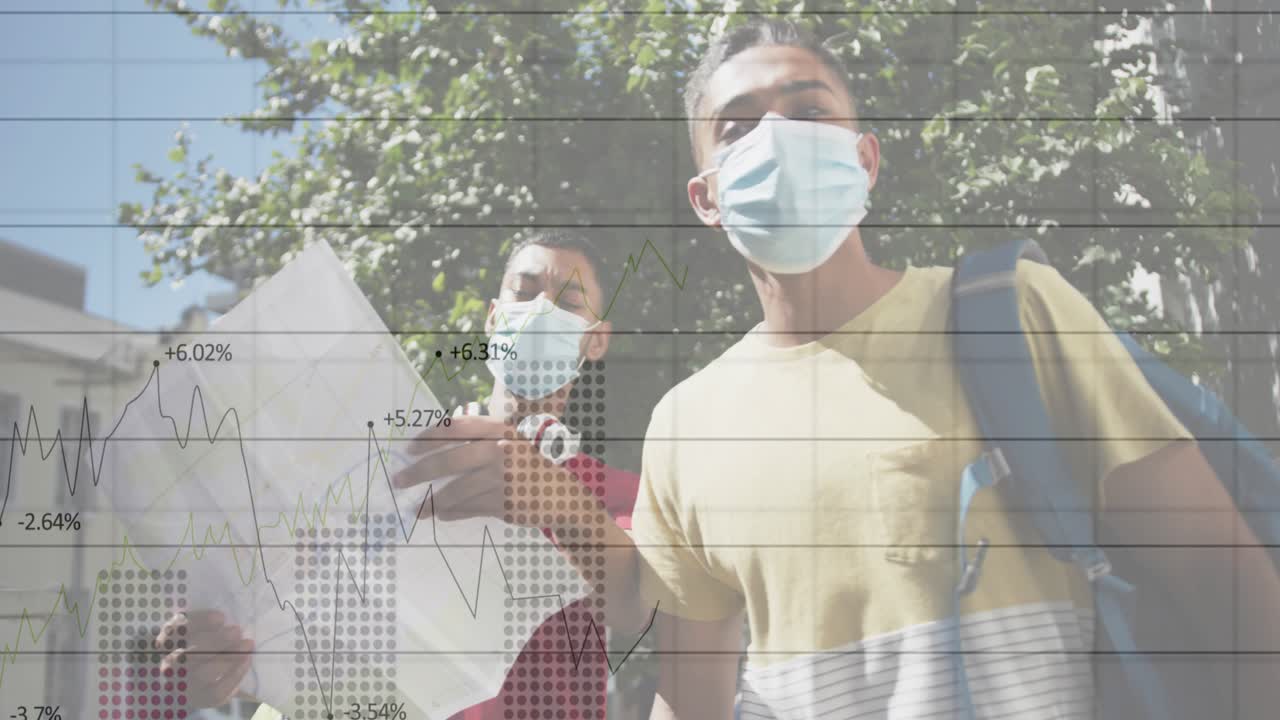 Two men using map then lifting heads and pointing, navigating while finance graphs overlaying scene