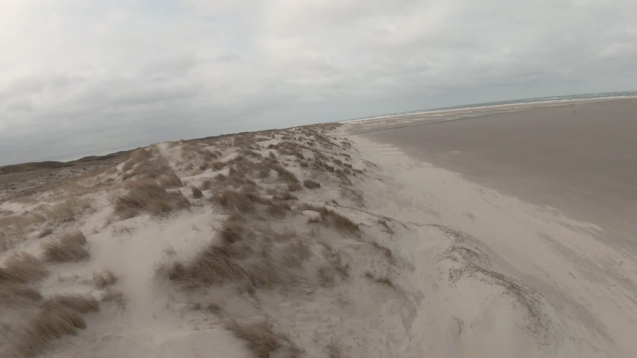 Vast Sand Dunes Foreshore Of Texel Dutch Wadden Islands In North Holland, Netherlands. - Drone, POV, FPV