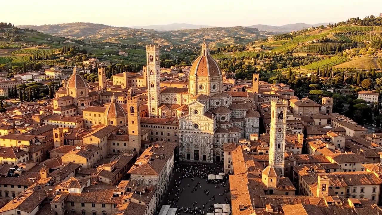 Vista aerea mozzafiato di un centro storico durante il tramonto, che mostra architetture iconiche e dintorni verdi lussureggianti in un paesaggio sereno.