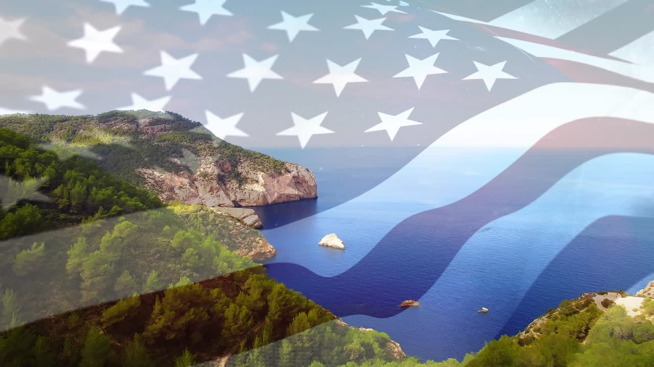 Animation of flag of united states blowing over seascape