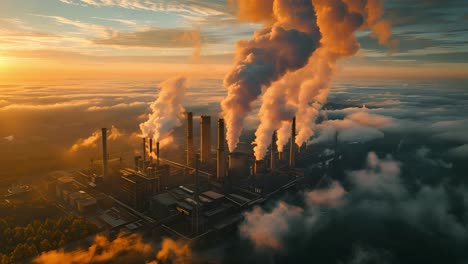 industrial factory emitting smoke at sunset