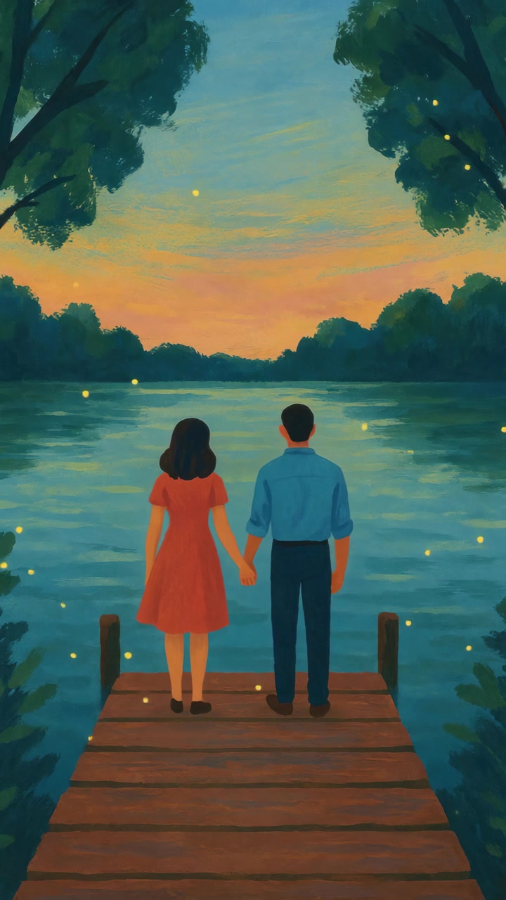 Couple Holding Hands on Wooden Pier at Sunset with Fireflies