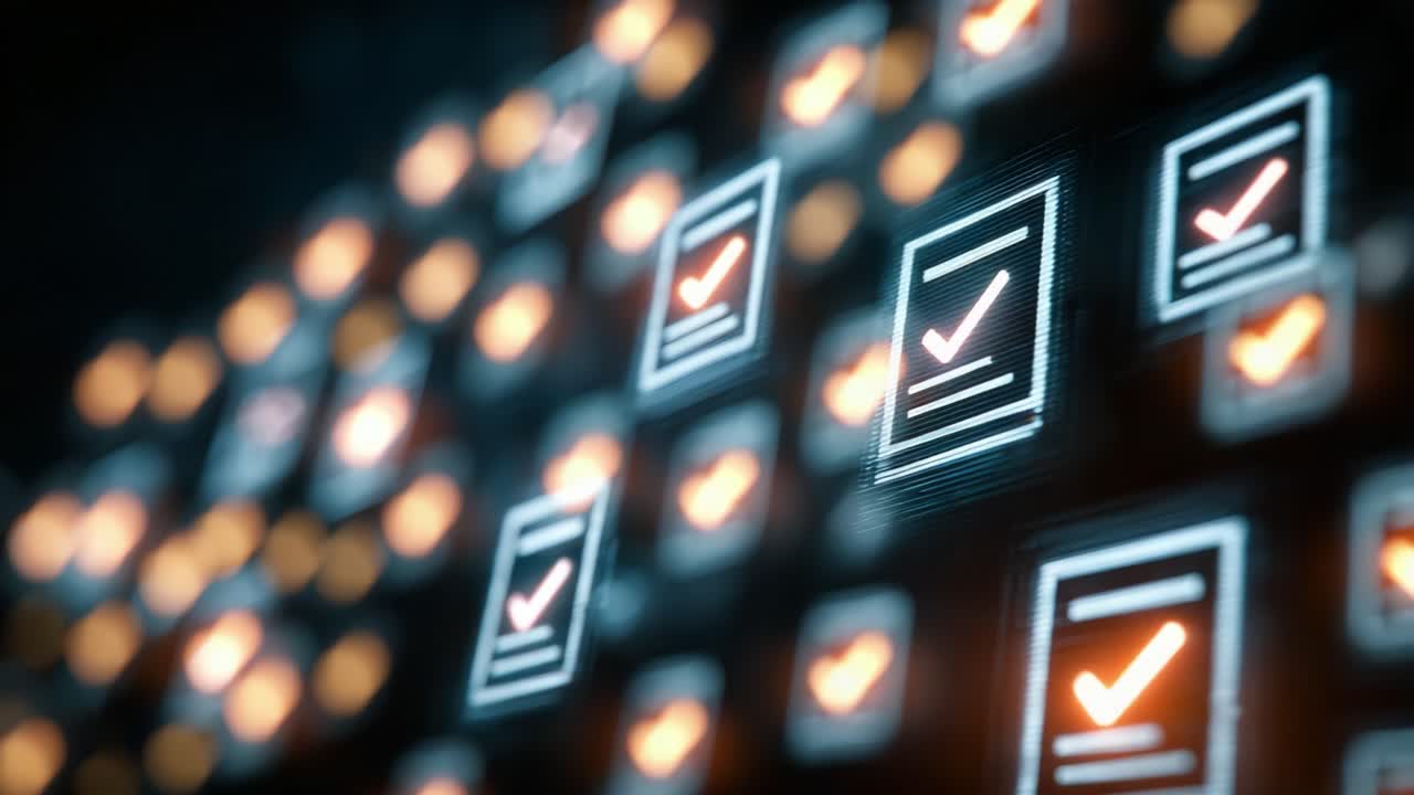 A Visual Representation of Digital Verification Process with Sequentially Confirmed Checkmarks on a Futuristic Interface Displaying Status Updates
