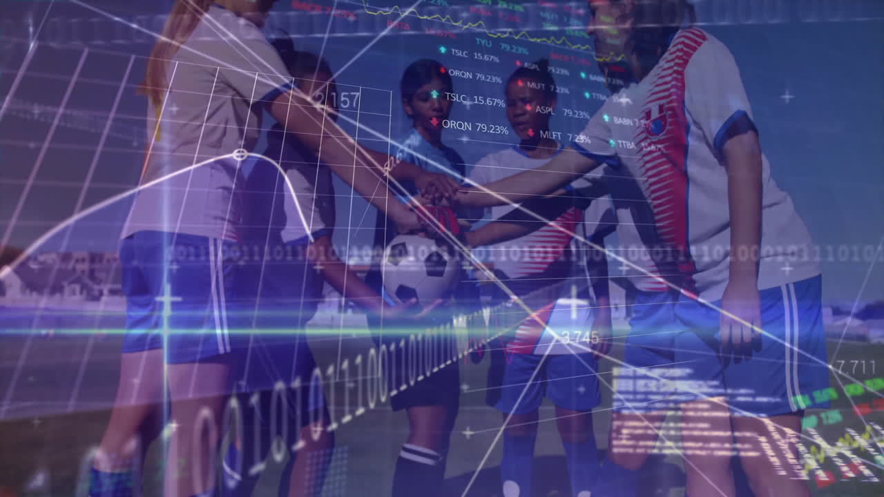 In school, child athletes huddling while animation of financial data overlays scene