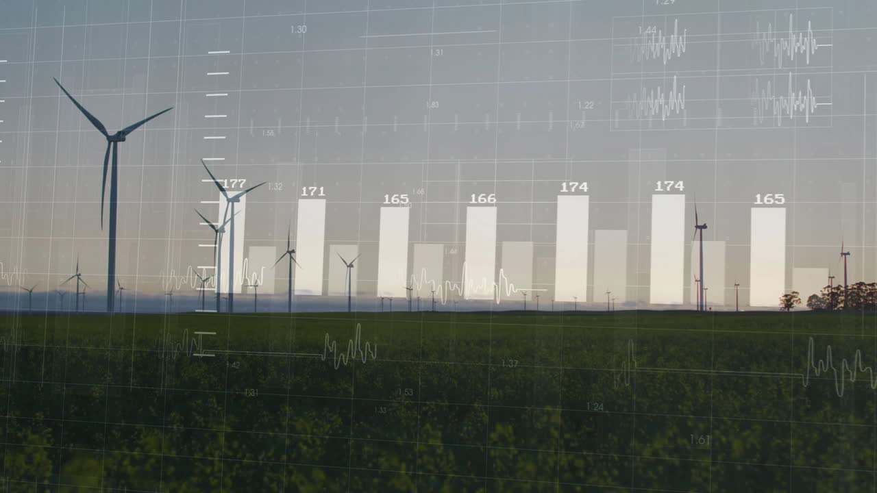 Wind turbines being visualized on green field, with translucent data overlay, bar charts, waveforms