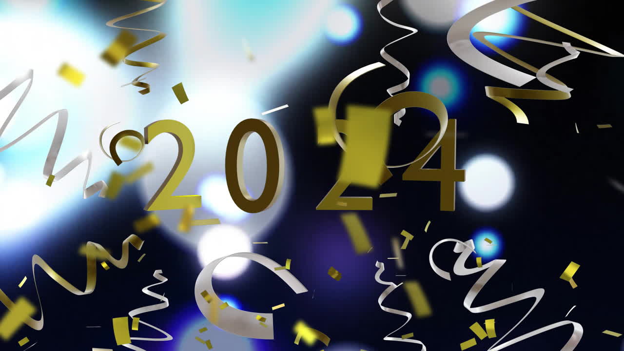animación de streamers de fiesta de 2024 y confeti en fondo negro