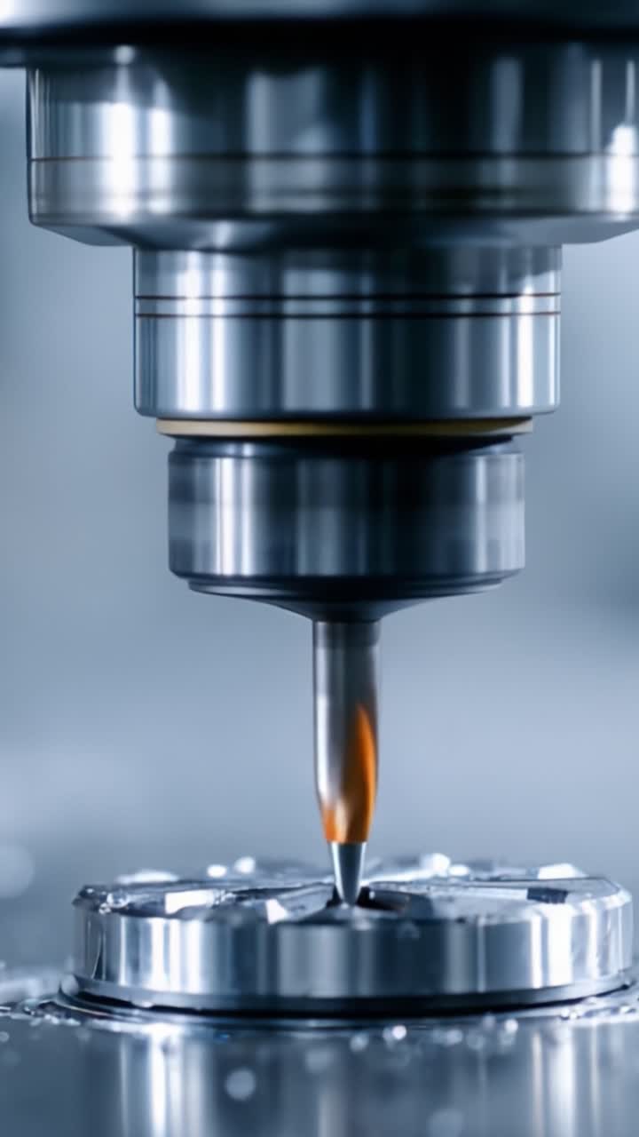 Primo piano di un processo di lavorazione meccanica di precisione che cattura il momento in cui un utensile da taglio interagisce con un pezzo metallico, evidenziando tecniche di produzione avanzate.