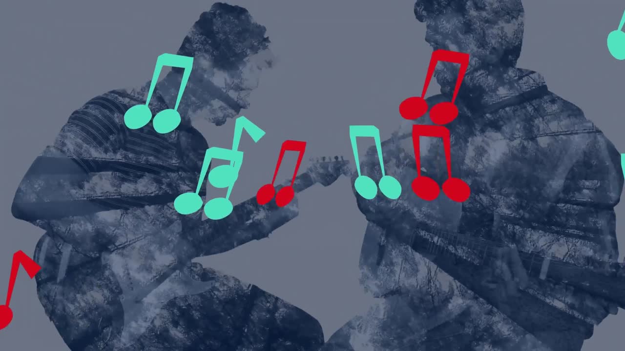 기타와 나무를 연주하는 백인 남성의 실루을 가로질러 움직이는 음의 애니메이션