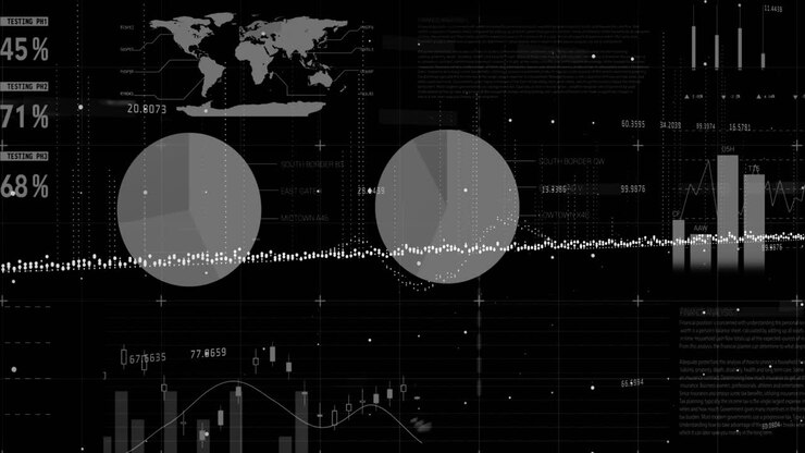Stock market data and statistical data processing against black background