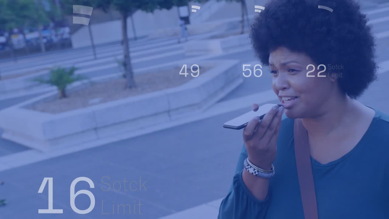 Woman raising phone, sipping coffee in plaza, HUD counters rising then falling tracking stock limit