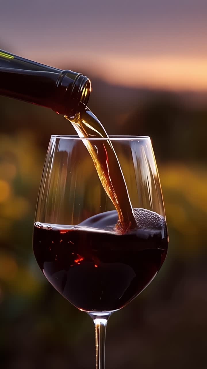Un primo piano di un bicchiere che viene riempito di vino rosso intenso, mettendo in risalto l'eleganza della bevanda mentre brilla nel caldo bagliore di uno sfondo al tramonto.