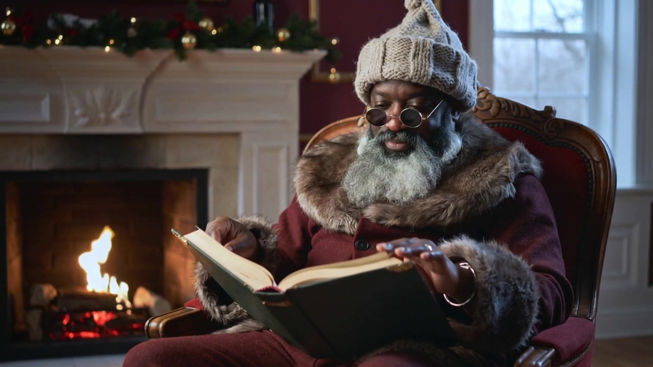 Virando página, homem com robe grená folheando páginas de um grande livro perto da lareira, lendo uma história natalina