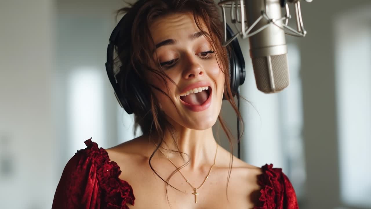 Young woman recording song in professional studio with headphones and microphone