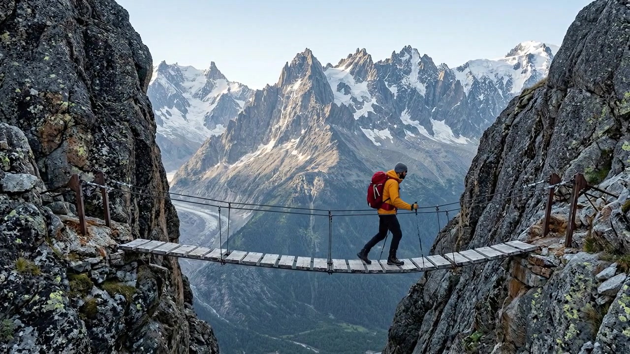 Turista přecházející visutý most ve Francouzských Alpách