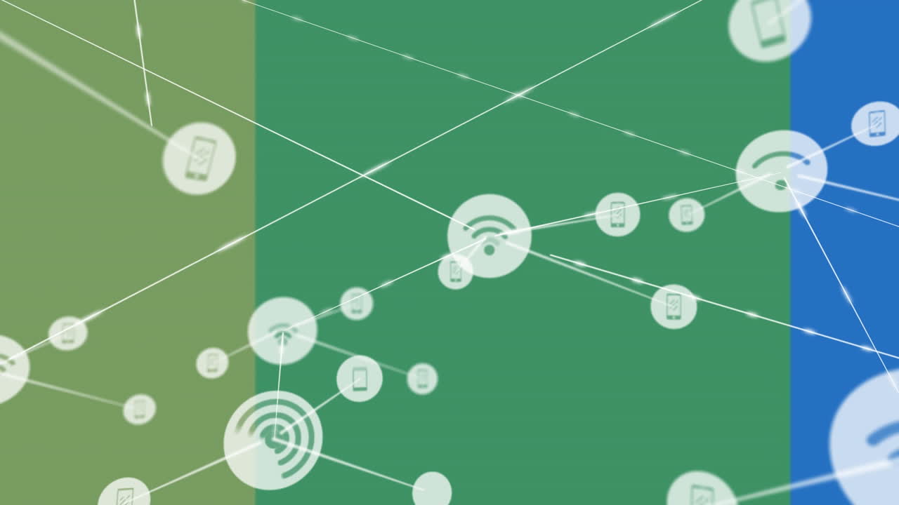 Animation of network of connections with icons on colorful background