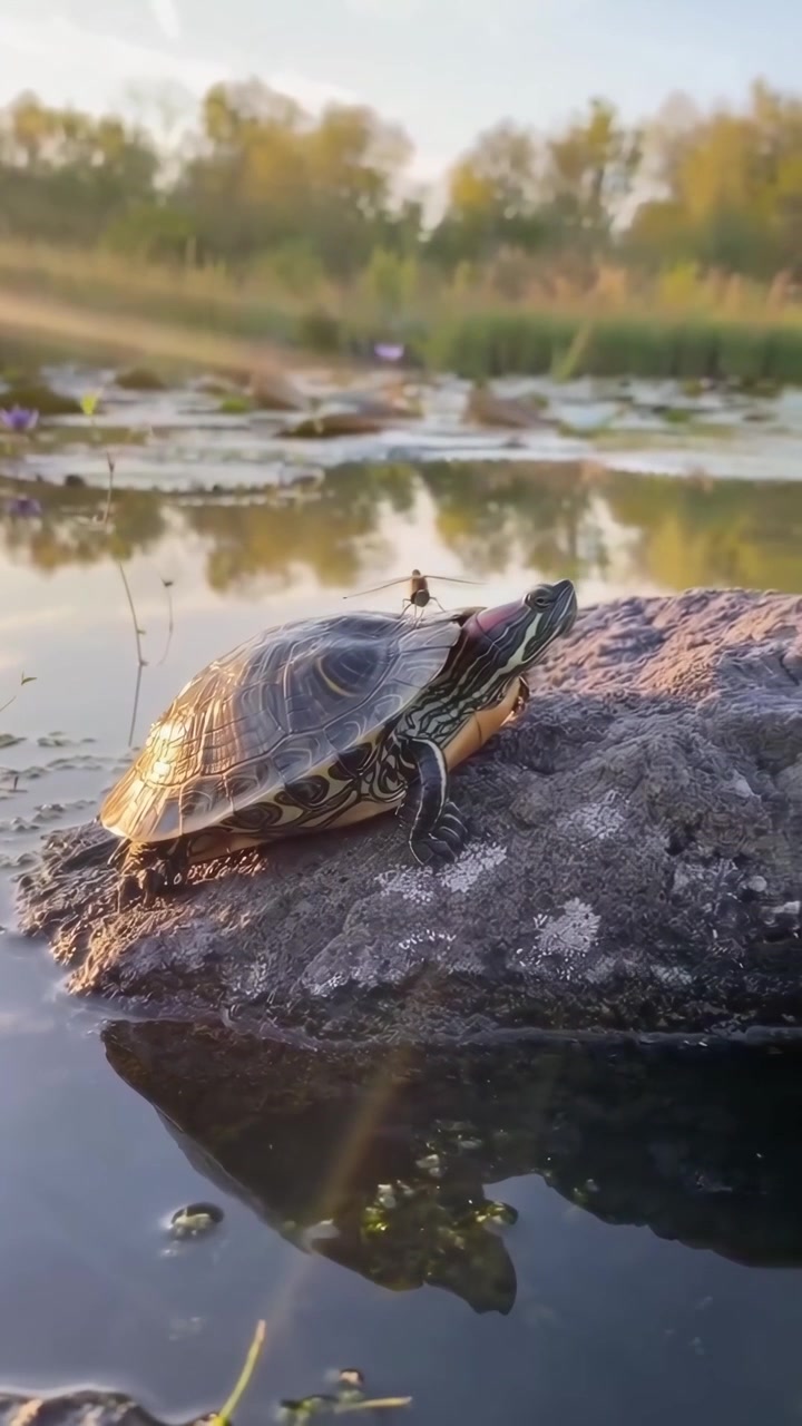 Red-Eared Slider Turtle Basking on a Rock with a Dragonfly