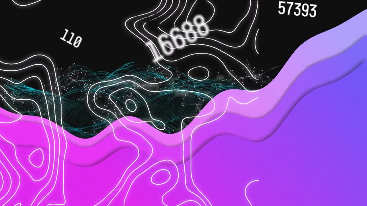 Animation of purple shapes, data processing and white lines over black background
