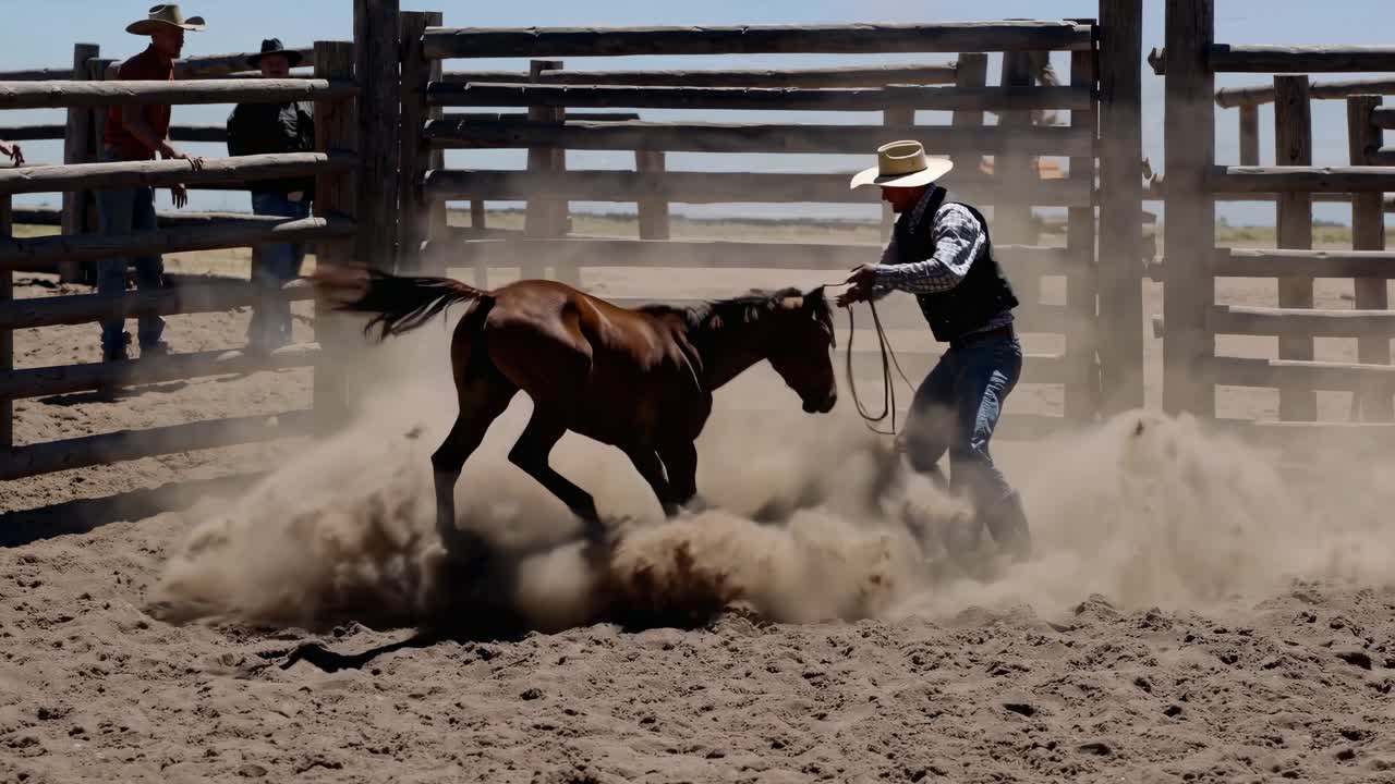 Cowboy Training a Young Horse in a Dusty Arena