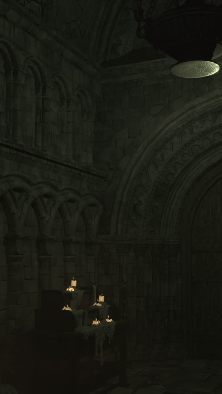 Mysterious underground chamber with flickering candlelight and stone walls