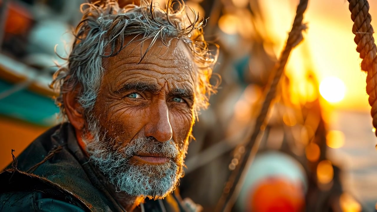 Ritratto di pescatore anziano su una barca durante il tramonto dell'ora d'oro. Ritratto ravvicinato di un anziano pescatore barbuto con gli occhi azzurri su un'imbarcazione sullo sfondo di un tramonto.