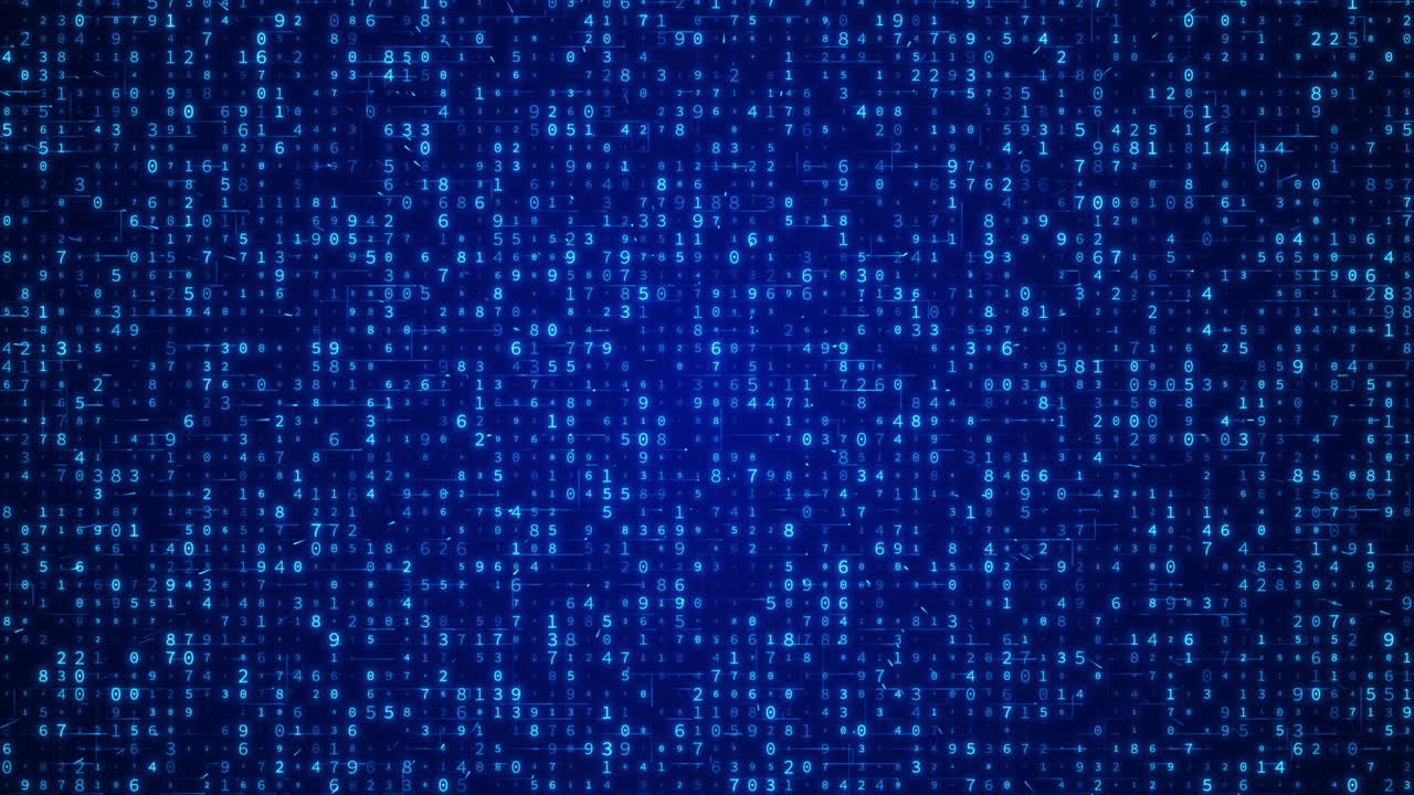 Looping Blue Digital Binary Matrix Background with Glowing Numbers, Cyber Security and Software Code Concept