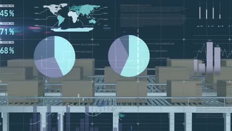 Animation-of-statistics-and-data-processing-over-cardboard-boxes-on-conveyor-belts-in-warehouse