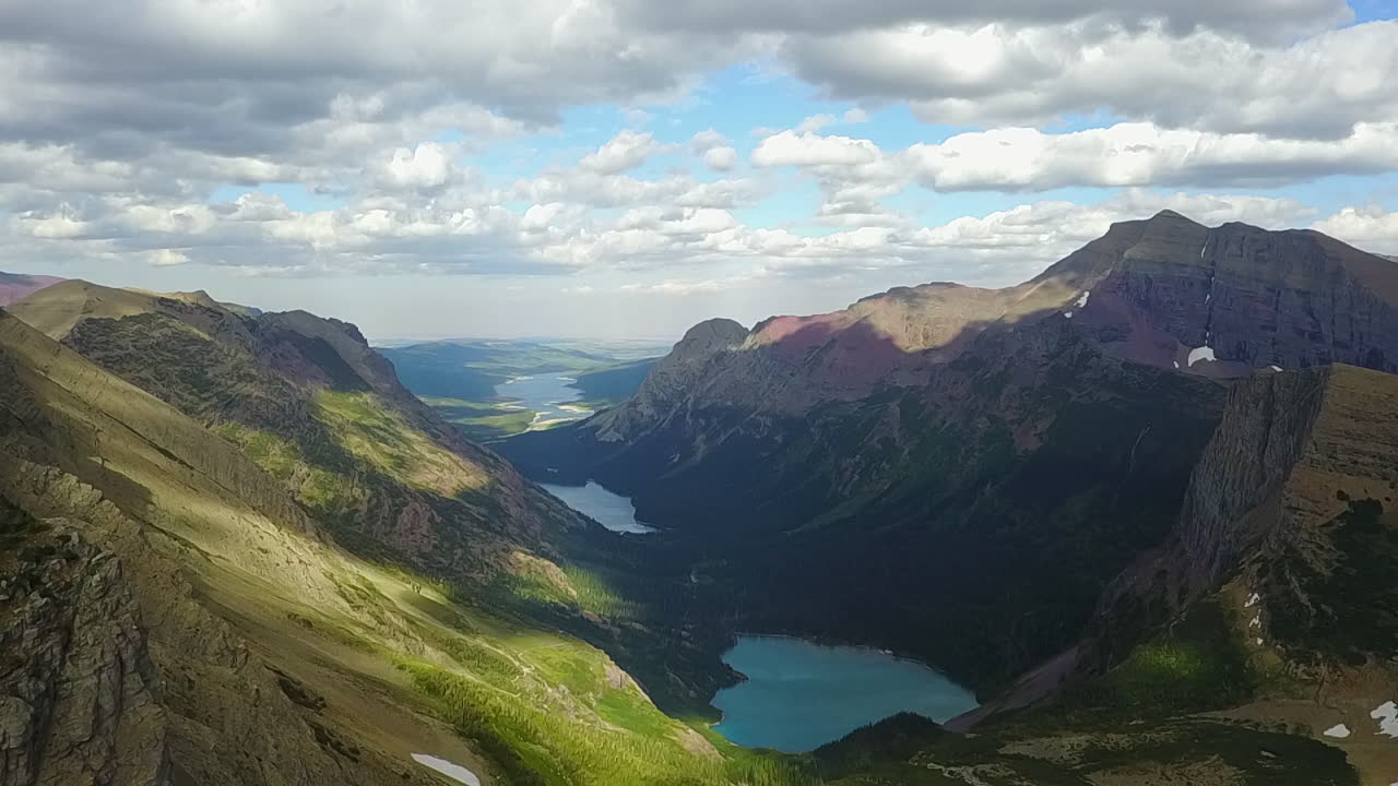 Aerial over rugged Rocky Mountain lakes in Banff National Park, Canada