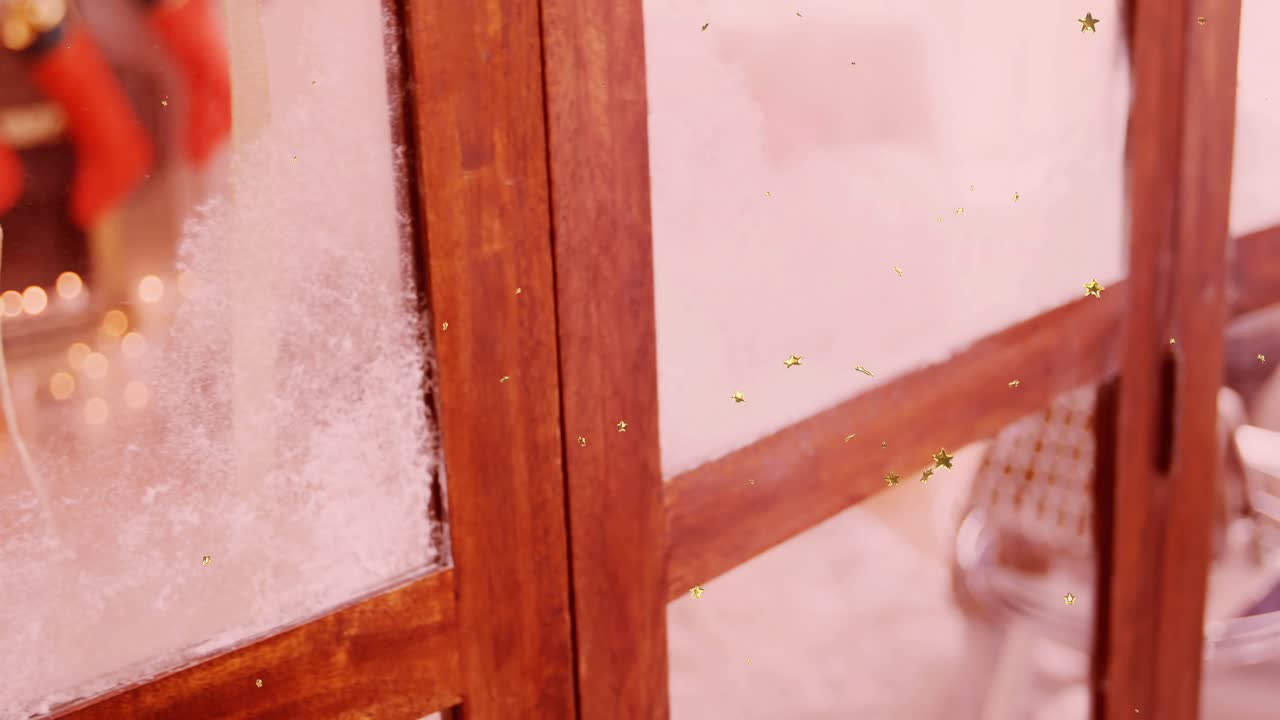 Snow-sill confetti drifting wreath swinging star and tree appearing depth shifting revealing mantel