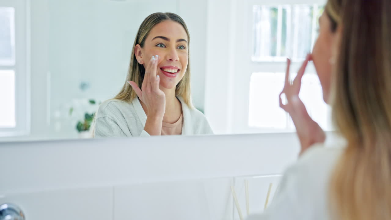 mujer feliz, cara y crema en el cuidado de la piel matutino