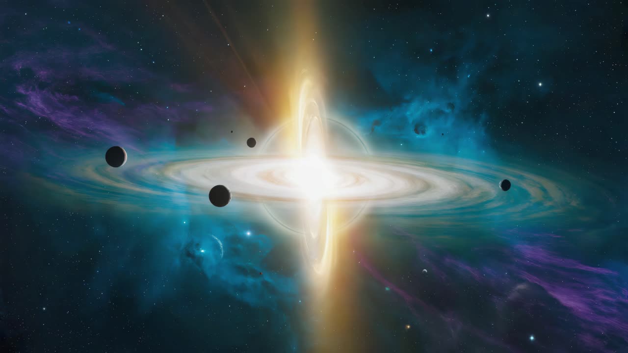 A black hole surrounded by planets in a galaxy
